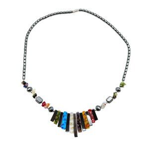 Hematite Millefiori Glass Bib Necklace 19 Inches
